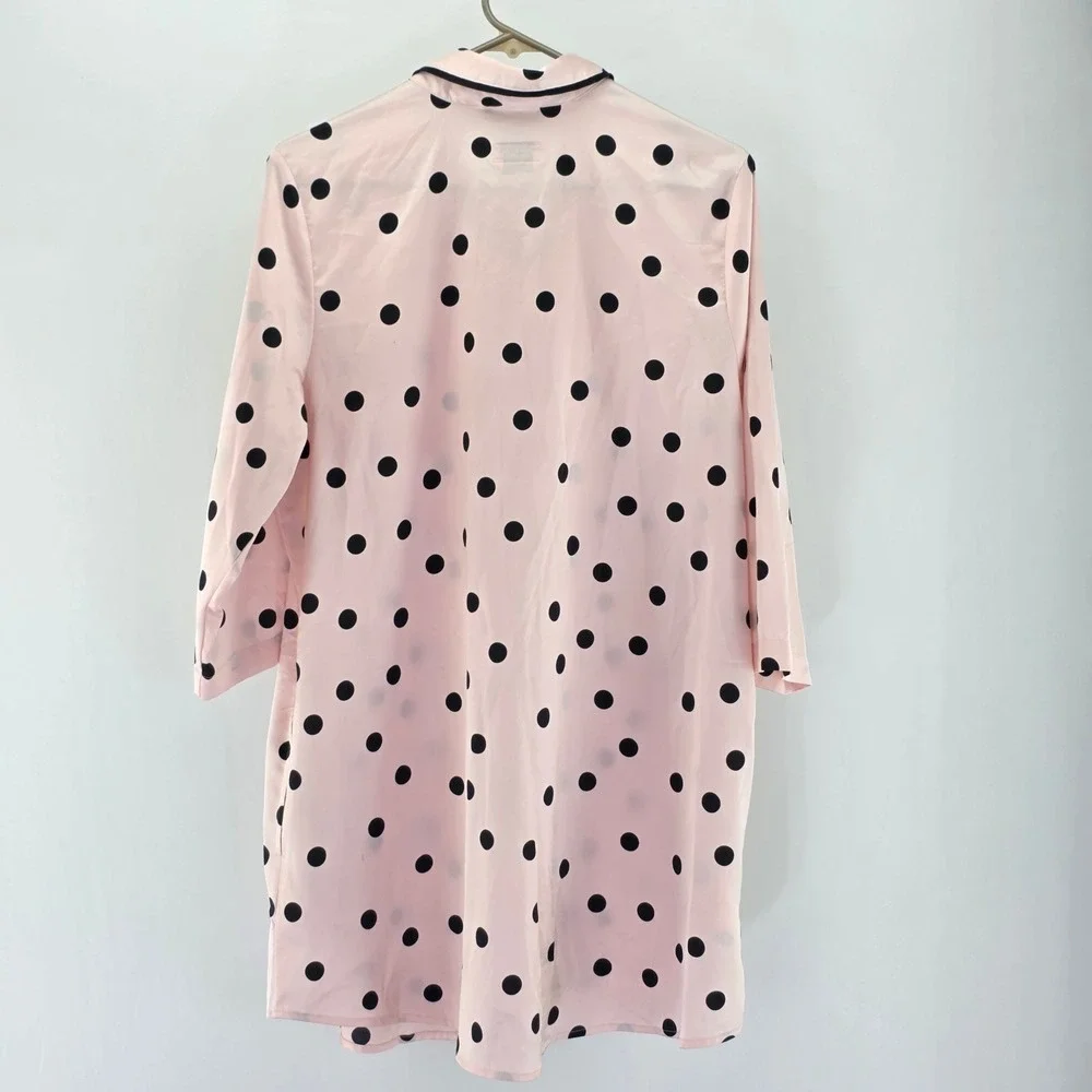 Kate Spade Sleep Shirt Womens Large Pink Polka Dot Satin Button Down Piping 6194